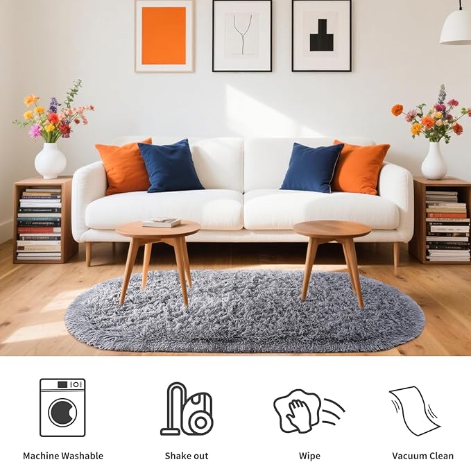Noahas Fluffy Grey Rugs for Bedroom Living Room,2.6'X5.3' Oval Throw Rug for Kids Room,Shag Hallway Runner Rug,Small Soft Shaggy Bedside Non-Slip Plush Nursery Dorm Carpet Home Decor Aesthetic