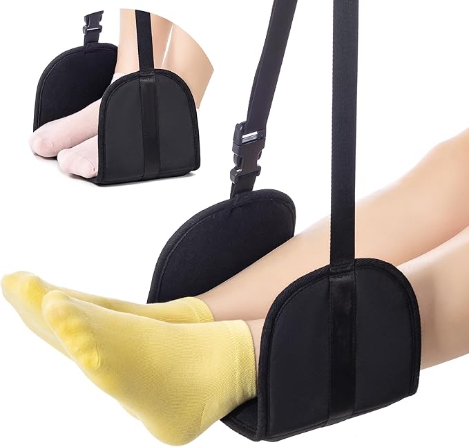 Perfitel Airplane Footrest Hammock, Adjustable Portable Travel Footrest with Thickened Foam, PVC Board, Breathable Soft Lining (Black)