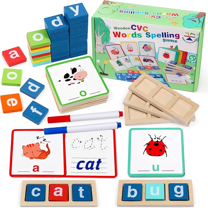 Wooden Reading Alphabet CVC Word Spelling Games Short Vowel Sight Words Flash Cards Preschool Kindergarten Learning Activities Montessori Educational Toy Gift for Kids 3 4 5 Years Old