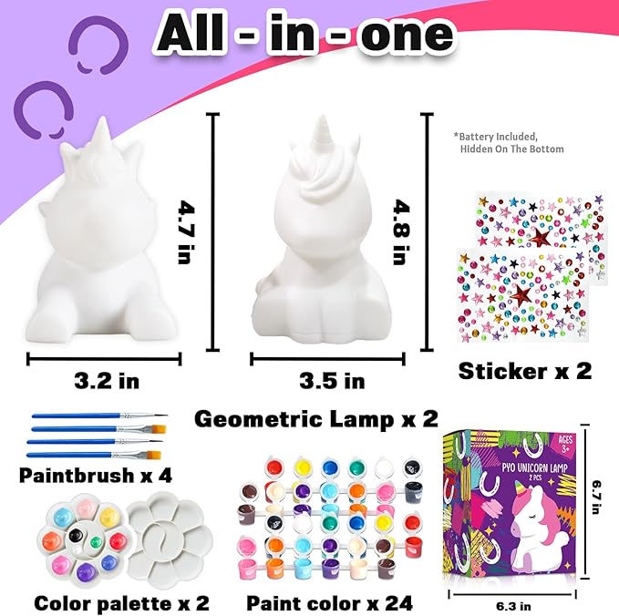 FUNZBO 2Pcs Paint Your Own Unicorn Lamp Kit - Arts and Crafts Supplies Painting Kits for Kids Teens Adults, DIY Night Light Toys for Girls Boys Ages 3 4 5 6 7 8 9 10 11 12 Easter Birthday Gift