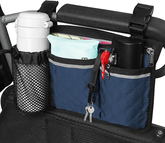 Wheelchair Bag with Cup Holder, Wheelchair Accessories Armrest Side Bag Multi Pockets Pouch for Electric Wheelchairs, Walker, Rollators & Mobility Scooters, Adults, Seniors, Navy Blue