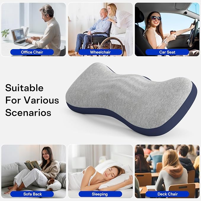 Lumbar Support Pillow for Bed, Memory Foam Pillows for Back Pain Relief, Lower Back Pain Relief Pillow for Sleeping, Adjustable Lumbar Pillow for Sleeping, Bed, Car, Couch (Grey - Navy Blue)