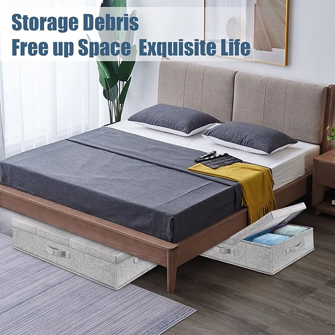 Underbed Storage Containers Bin with Lids, Large Under Bed Storage Organizer Box with Handle, Foldable Under the Storage Bags for Organizing Clothes, Shoes, Blankets, Pillows
