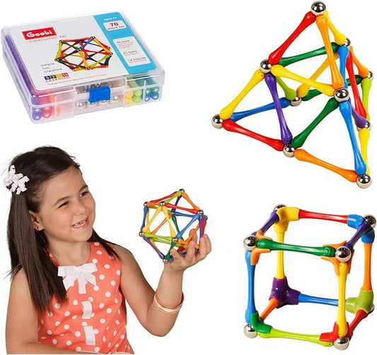 Goobi 70 Pcs Magnetic Building Sticks Blocks Toys Magnet Construction Set Tiles Toy Montessori STEM Educational Toys for Ages 3 4 5 6 7 8 Kids Boys Girls Adults with Storage Box and Instruction Guide