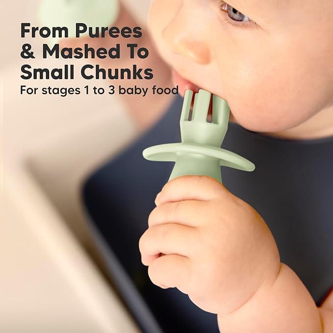 KeaBabies 4-Pack Silicone Baby Spoons and Forks Set - Baby Spoon Self Feeding, BLW Baby Utensils 6-12 Months, Baby Led Weaning Feeding Spoon, Teething Infant Baby First Food Training Pre Spoon (Sage)