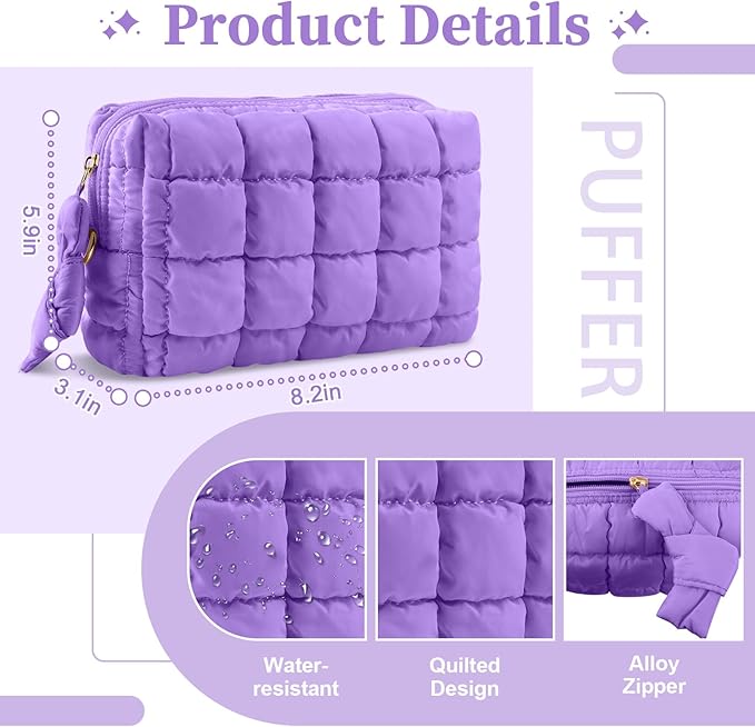 Puffer Quilted Makeup Bag Cosmetic Bags,Puffy Travel Toiletry Pouch for Women,Cute Checkered Zipper Bag Travel Essential,Portable Aesthetic Make up Organizer Bag for Gifts Work Daily(Purple,M)