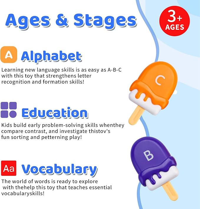 Alphabet Learning Toys, Mini Ice Cream Alphabet Color Sorting Matching Games for Toddlers 1-3, Preschool Learning Educational Toys Easter Basket Stuffers for Toddler