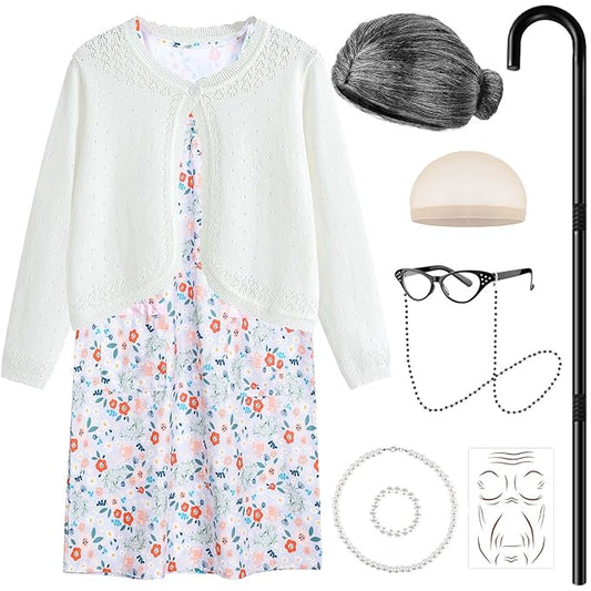 Kids 100 Days of School Costume for Girls Cosplay Outfit Including Grey Wig Cardigan Sweater Floral Dress Cat Eye Glasses
