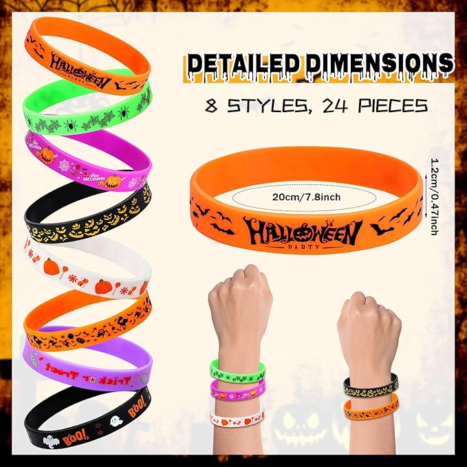 JUNEBRUSHS Halloween Party Favors, 24pcs Halloween Silicone Bracelets Rubber Wristbands for Halloween Party Decorations Trick or Treat Goodie Bag Stuffers Fillers Accessories Supplies(8 Designs)