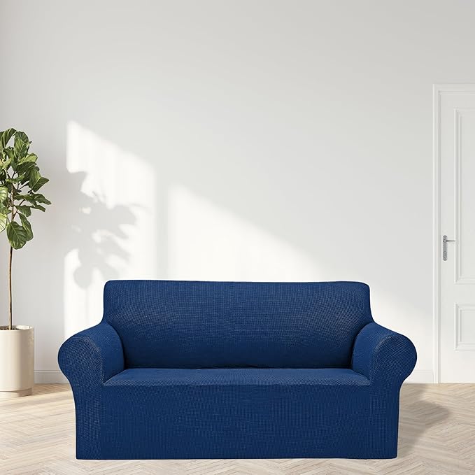 2025 New Stretch Loveseat Sofa Slipcovers Couch Cover for 2 Cushion Furniture Protector Sofa Covers with Elastic Bottom Jacquard Fabric Small Checks for Pets, Kids - Classic Blue