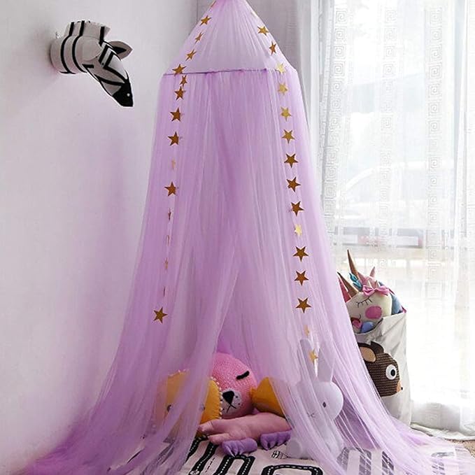 Jolitac Princess Bed Canopy for Girls Room Decor Round Lace Mosquito Net Play Tent Reading Nook Canopies Yarn Girl Dome Netting Castle (New Purple)