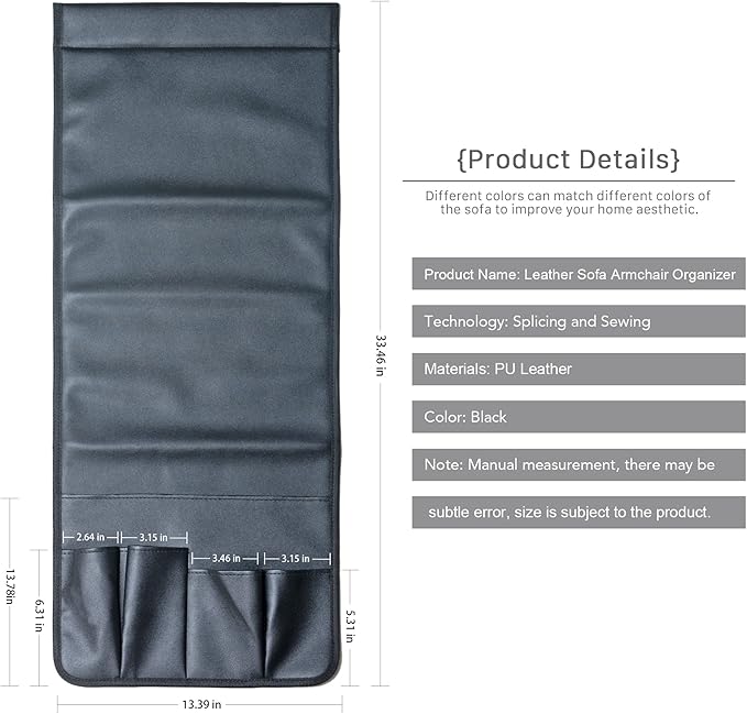 PU Leather Sofa Armrest Organizer, Armchair Magazine Holders, Waterproof Remote Holder for Recliner Couch with 1 Large Pocket, 4 Small Pockets for Magazine, Remote, Phone, Ipad, Books (Black)