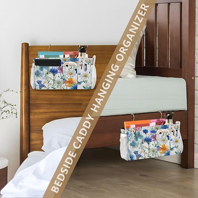 Watercolor Cornflower Daisy Bedside Caddy for Dorm Bed Bedside Hanging Caddy Bag Iron Frame Storage Organizer Pocket for Bunk Home College Hospital Beds 2 Hooks