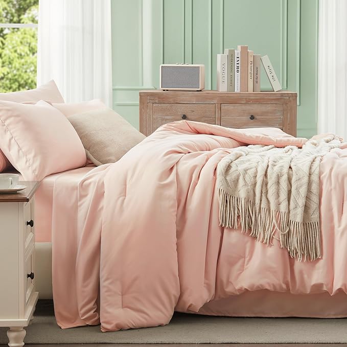 Anluoer Pink California King Comforter Set 7 Pieces, Bed in a Bag with Sheets, All Season Bedding Sets with 1 Comforter, 2 Pillow Shams, 2 Pillowcases, 1 Flat Sheet, 1 Fitted Sheet