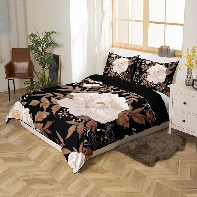 Feelyou Kids Adult Vintage Floral Bedding Set Queen Size，Black Duvet Cover Flower Gold Leaf Plant Pattern Comforter Cover Microfiber Bedspread Cover for Bedroom Decor,No Comforter