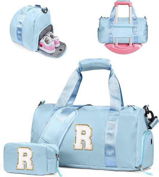 Gifts for Kids-Girl Gym Bag with Shoe Compartment, Girls Birthday Gift-Kid Personalized Weekender Overnight Bags, Initial Travel Tote with Makeup Pouch, Gifts for 7 Year Old Girls (Letter R)