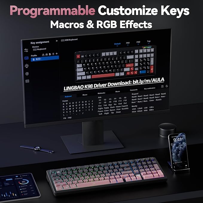 LINGBAO K98 - 96% Wireless Mechanical Keyboard, Tri-Mode BT5.0/2.4GHz/USB-C, Creamy Keyboard with Number Pad, Gasket Hot Swappable Linear Switches RGB Backlit Gaming Keyboards for Win/Mac/PC, (Pink)