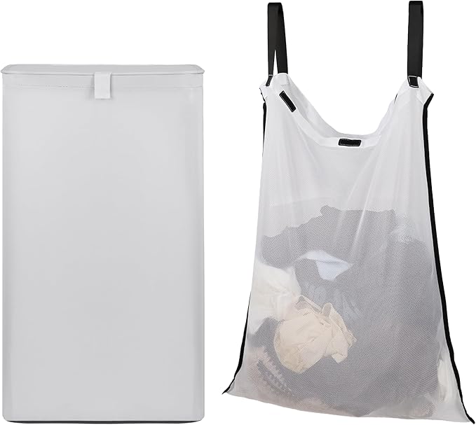 80L Large Laundry Hamper with Lid, Foldable Laundry Bag for Washing Machine with Removable Inner Bag, Dirty Hampers for Bedroom, Bathroom,Laundry Room, College (White)