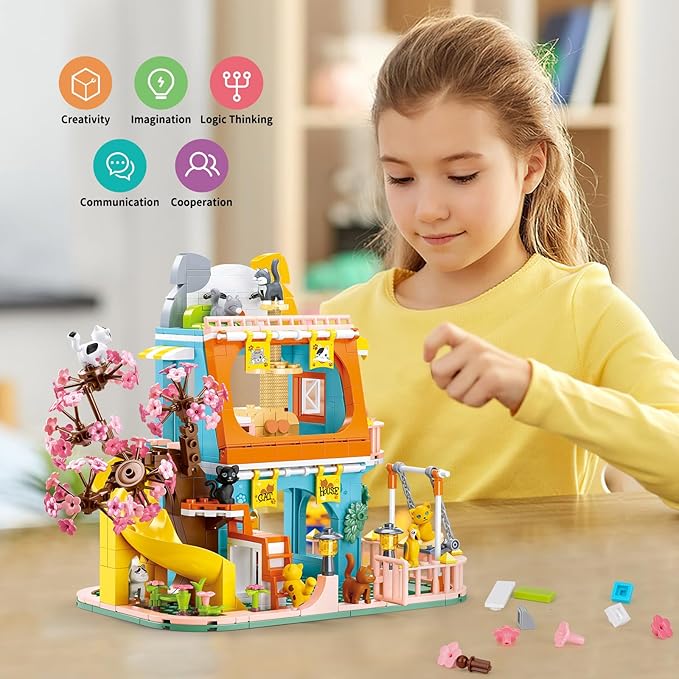QLT QIAOLETONG Cute Cat House Toy Building Set for Girls 6-12, Compatible with Lego Friends, 521 PCS Friendship House Building Blocks Kit with Animals, Ideas Birthday Gift for Kids Boys 8-12