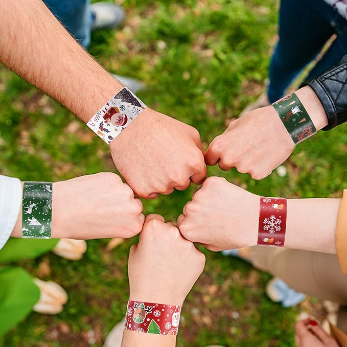 48PCS Christmas Slap Bracelets Slap Xmas Snap Bracelet Party Favors Toys Slap Bands Assorted Christmas Theme Pattern for Christmas Party Favors
