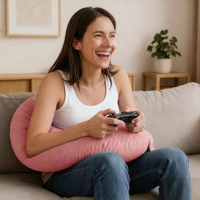 XWZO Reading Pillow for Gaming, Crocheting or Playing with Strong Arm Support, Gaming Pillow for Arm Rest When Sitting in Bed & Sofa, Lap Pillow Swen with Tiebacks and Side Pocket, Pink
