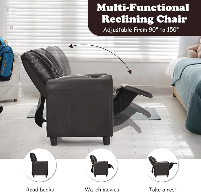 Costzon Kids Recliner Chair with Cup Holder, Toddler Furniture Children Armrest Sofa w/Headrest & Footrest for Girls Boys Baby Bedroom, Kids Room, PU Leather Kids Recliner Couch (Brown)