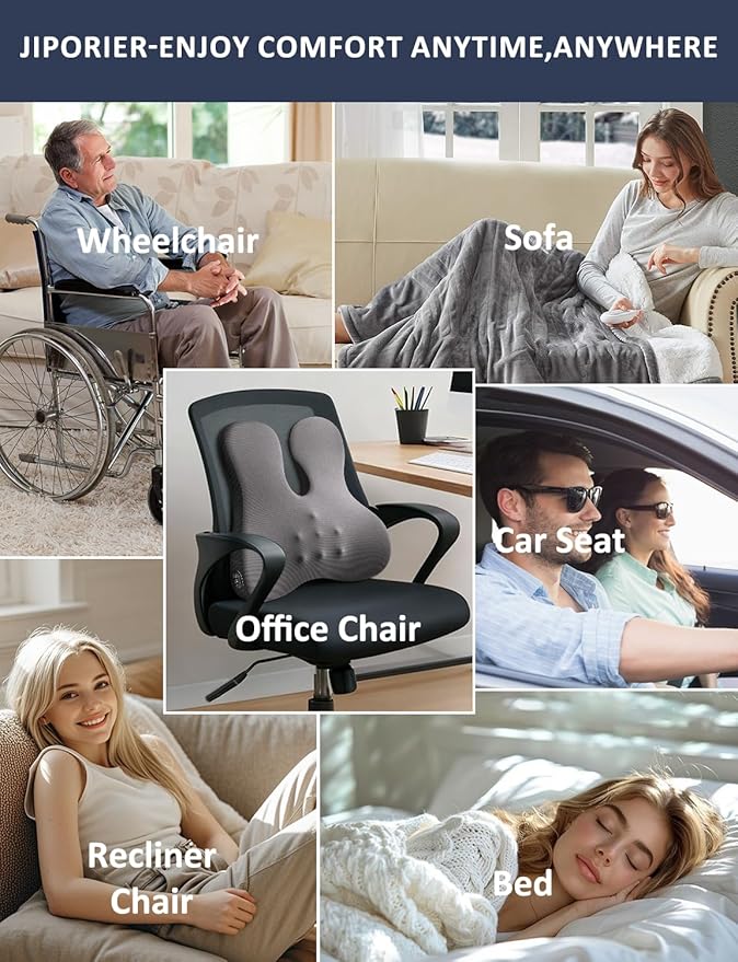 Lumbar Support Pillow for Office Chair,Heated Back Support Pillow with Vibration, Ergonomic Back Massage Pillow for Pain Relief, Memory Foam Lumbar Pillow for Car,Desk Chair,Gifts for Mom Dad