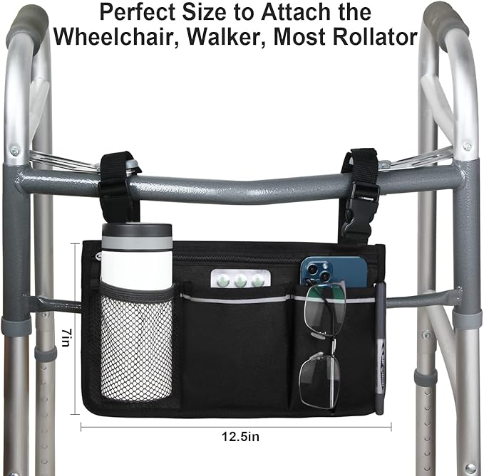 Wheelchair Side Bag, Wheelchair Armrest Storage Pouch with Cup Holder Use of Waterproof Fabric, for Most Wheelchairs, Walkers or Rollators (Black)
