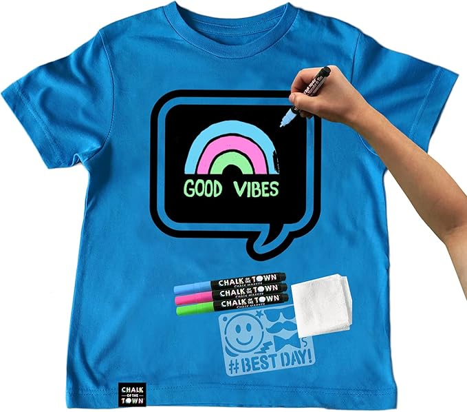 Blue Speech Bubble Chalkboard Short Sleeve T-Shirt Kit for Kids with 3 Markers and 1 Stencil (Youth X-Small)