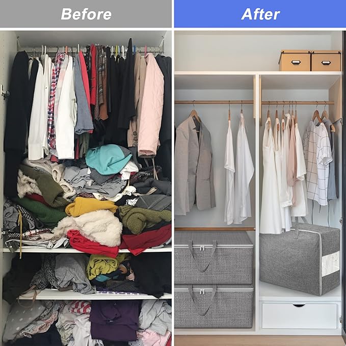 6Pack 105L Extra Large Storage Bags, Folding Moving Comforter Blanket Storage Bags Closet Organizers and Storage Containers for Clothes with Strong Handles&Zippers Clear Window for Bedding Pillow Grey