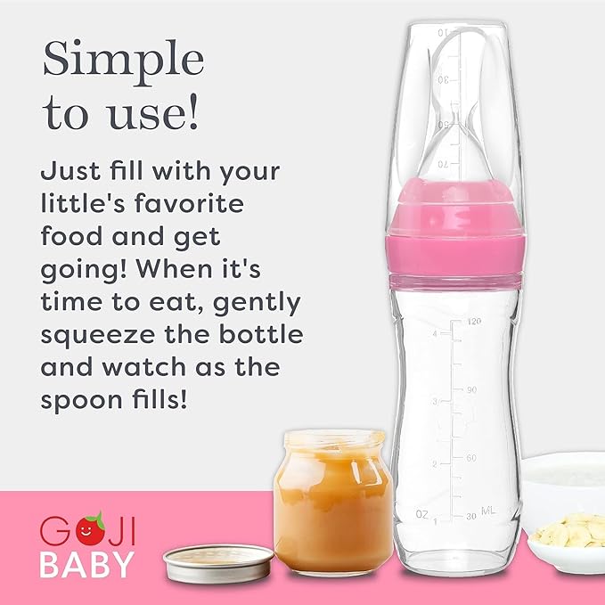 4 oz Silicone Baby Food Dispensing Spoon - 4 Pack - Great for 4+ Month Infants - Includes Stopper - Easy to Use and Mess-Free - Precise Food-Release Feeder - Great for Travel (Pink