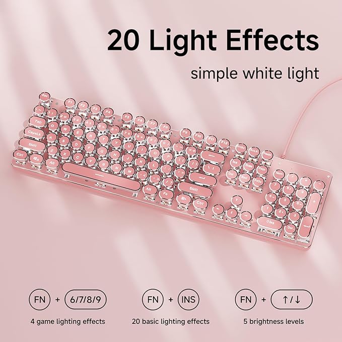 EWEADN TK100 Typewriter Keyboard Wired Mechanical Keyboard, 104 Keys Aesthetic Typewriter Keyboards with White Backlit, Anti-Ghosting, Blue Switch Wired Cute Keyboards-Pink