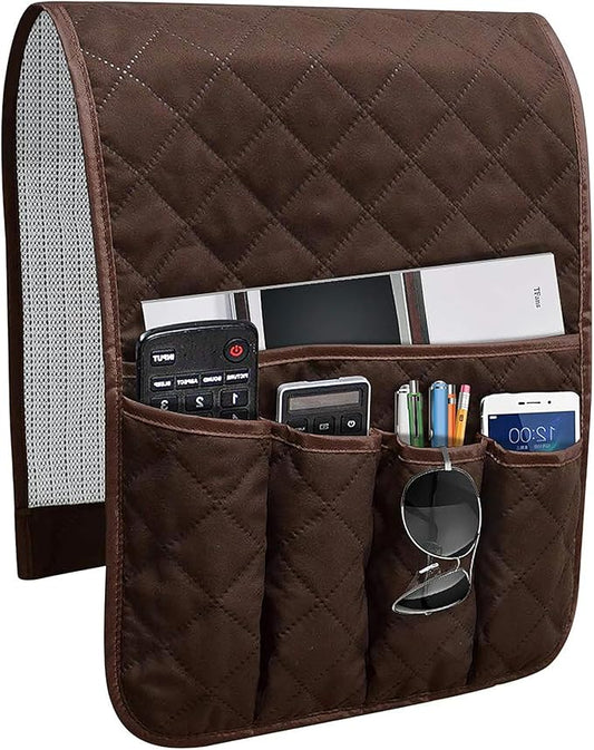 Sofa Armrest Organizer Non-Slip Arm Chair Bedside Caddy Storage Organizer for Recliner Couch with 5 Pockets for Cell Phone TV Remote Control Magazines (DARK BROWN)