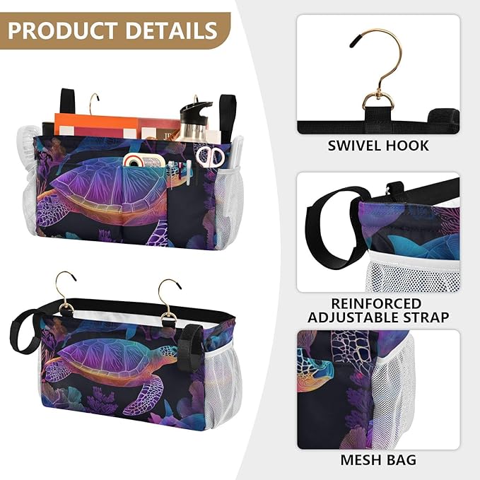 Colorful Gradient Turtle Fish and Coral Bedside Caddy for Dorm Bed Bedside Hanging Caddy Bag Iron Frame Storage Organizer Pocket for Bunk Home College Hospital Beds 2 Hooks