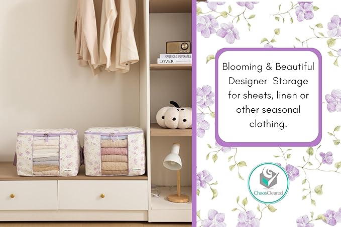 Canvas Storage Bags 2 Pack Designer Organizer bags for Clothes, sweaters, clothing, garments, quilt, linens, large folding organizers with zip & window, moth proof space saver Purple floral Print