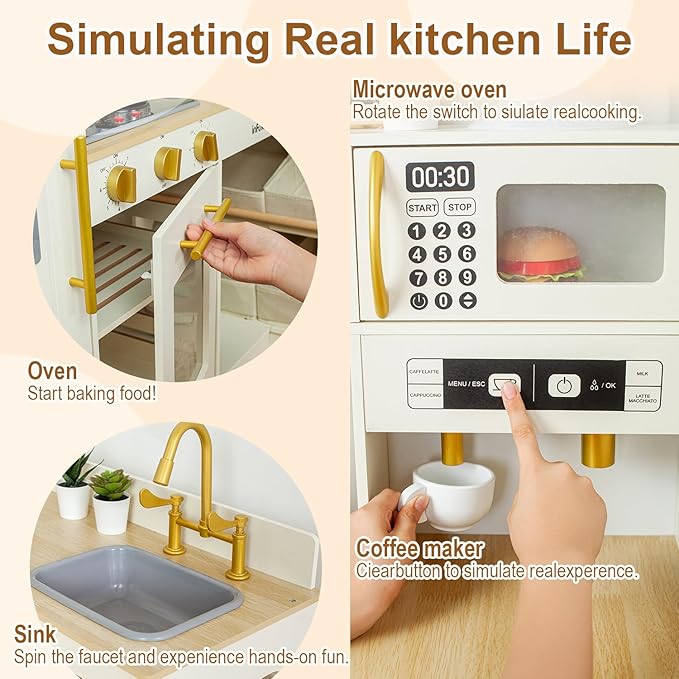 Corner Play Kitchen for Kids Kitchen Playset with Toy Storage System, Wooden Toy Kitchen Set with Plenty of Play Features, Toddler Kitchen Set for Boys and Girls Ages 3+ (White)