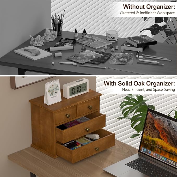 Oak Desk Organizer with Drawers, Durable Wooden Desktop Storage Box with Metal Handles & Non-Slip Silicone Pads, 4 Drawer Tabletop Organizer for Office, Bedroom, Bathroom, Vanity, and Makeup – Walnut