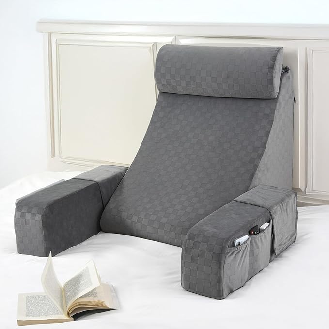 Vekkia 21" Reading Pillow with Arms and Headrest – Tall Back Support Cushion for Adults, Multi-Density Foam, Removable Cover & XL Side Pockets – for Reading, TV & Gaming in Bed & Floor 21"(Grey)