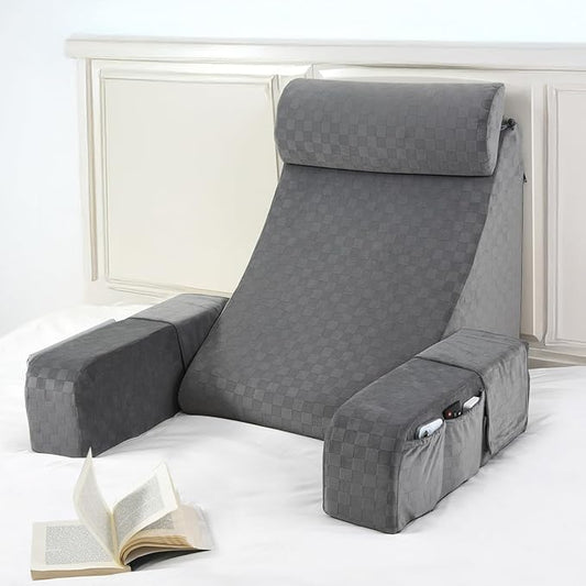 Vekkia 21" Reading Pillow with Arms and Headrest – Tall Back Support Cushion for Adults, Multi-Density Foam, Removable Cover & XL Side Pockets – for Reading, TV & Gaming in Bed & Floor 21"(Grey)