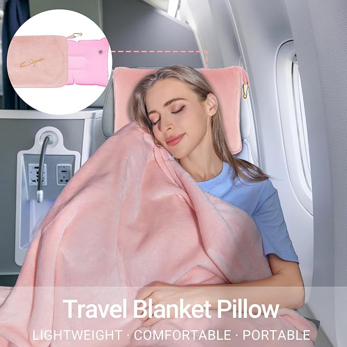 CLEXION Travel Blanket & Pillow Set, 300 GSM Soft Fleece, 60x43 Inches, 3-in-1 Airplane Blanket, Travel Pillow and Blanket Set, Travel Blanket Airplane Compact with Bag, Travel Essentials, Pink