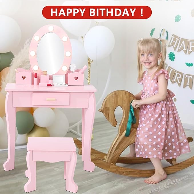 Kids' Vanity Set with Mirror and Light, Makeup Table and Stool for Girls, Vanity Table and Chair Set with Wood Makeup Playset for 4-9 Girls, Pink （Batteries Not Included）