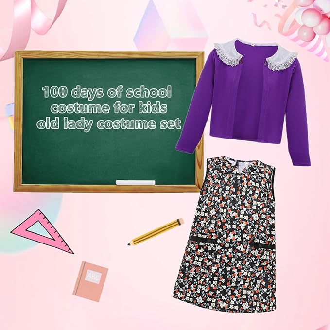 Kids Old Lady Costume for Girls 100 Day of School Costume Girls Grandma Costume Dress 100th Day of School Costume