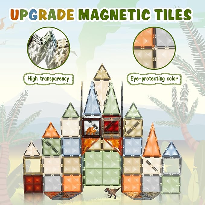 3D Magnetic Tiles, STEM Learning and Encourage Imaginative Play Magnetic Blocks, Preschool Puzzle Magnetic Toys with Dinosaur, Gift for Boys and Girls 3 4 5 6 7 8 Years+
