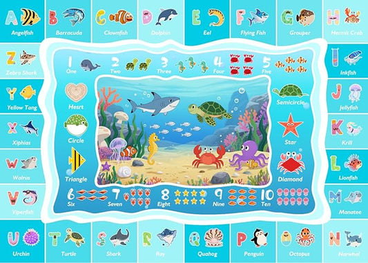 ABC Kids Ocean Rug for Playroom, 5x7ft Alphabet Classroom Rug, Educational Kids Play Mat with Number Shape Animal, Learning Area Rug for Nursery Bedroom Kidsroom, Colorful Non-Slip Washable