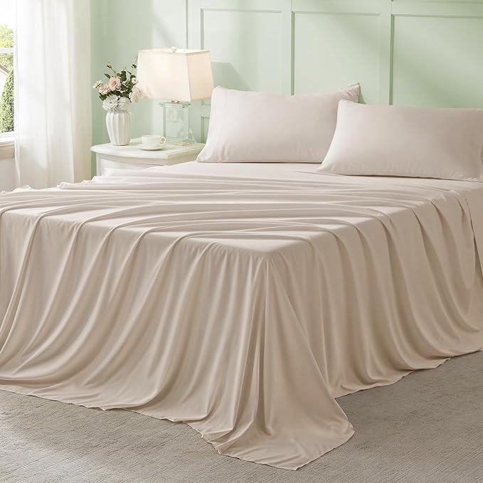 Anluoer Beige King Comforter Set 7 Pieces, Bed in a Bag with Sheets, All Season Bedding Sets with 1 Comforter, 2 Pillow Shams, 2 Pillowcases, 1 Flat Sheet, 1 Fitted Sheet