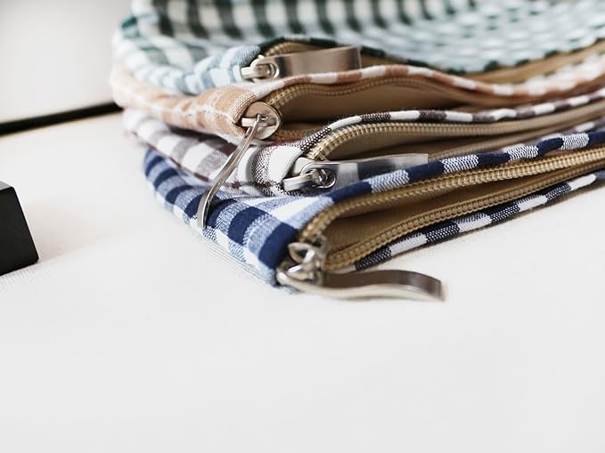 HAPPYHEIDI Navy Blue Gingham Cotton Makeup Bag Cosmetic Toiletry Travel Pouch, Tote Purse Organizer, Zipper Closure, Canvas Lined