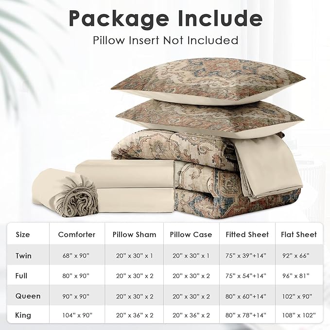 Comforter Set King Size, Vintage Medallion 7 Pcs Bedding for Kids and Adults, Oriental Floral Bed Sheet Sets with Fitted Sheet 2 Pillowcases & 2 Shams for Bedroom Bed Decor