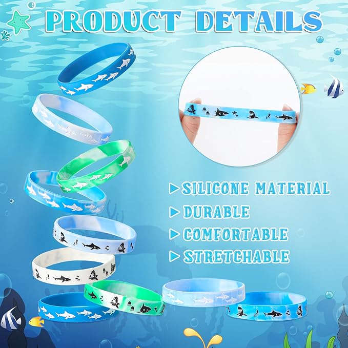 48 Pieces Shark Party Favors Shark Wristbands Shark Birthday Party Bracelets Shark Silicone Wristbands for Shark Themed Parties, Deep Ocean Parties, Under The Sea Clubs, Team Building Activities