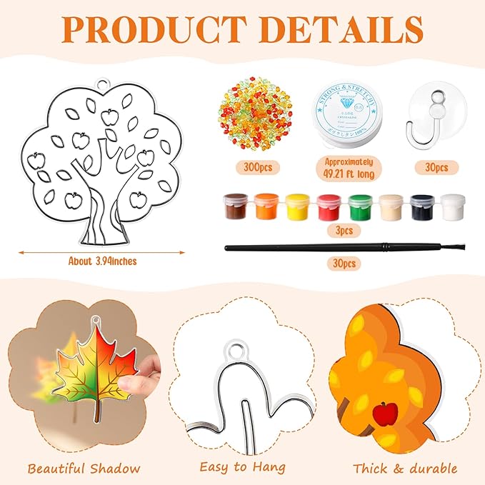 30 Set Thanksgiving Window Art Suncatchers Kits Autumn Pumpkin Maple Leaves DIY Suncatchers Craft Kits Make Your Own Suncatcher Paint Suncatchers Ornaments for Kids Thanksgiving Art Craft