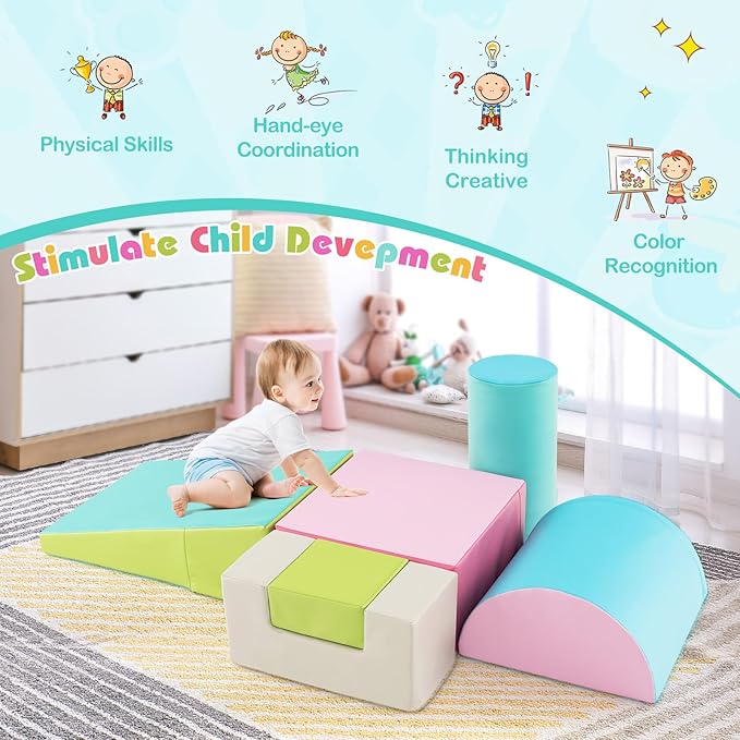 HONEY JOY 6-Piece Climb and Crawl Playset, Soft Climbing Foam Block Activity Play Structure Gym Equipment for Infant Baby, Color Coordination, Waterproof Indoor Climbing Toys for Toddlers (Green)